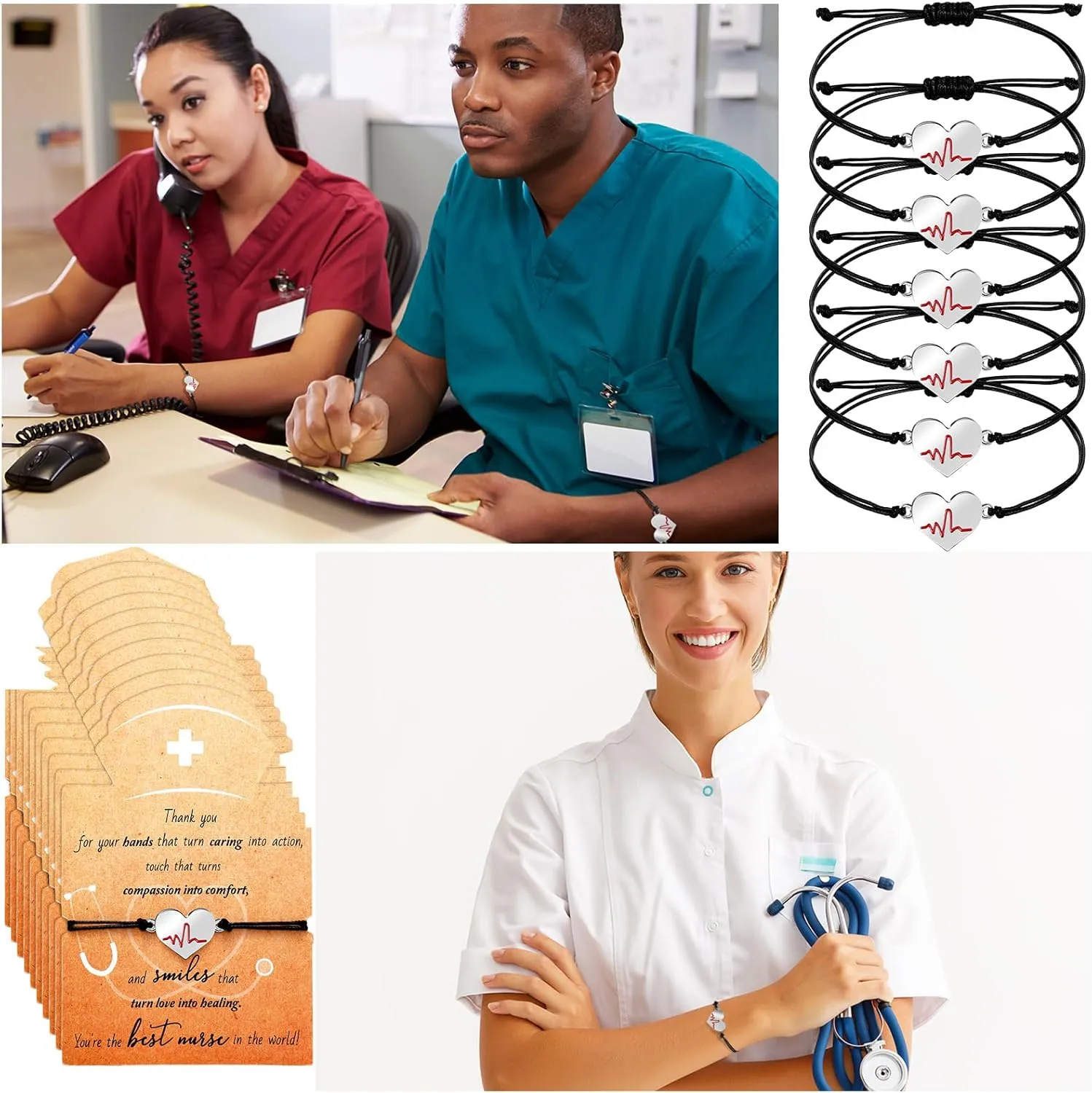 Woanger 50 Sets Nurse gifts Bracelet bulk Heart Stethoscope Appreciation Gifts with Blessing Card for Birthday Nurse Day Graduation