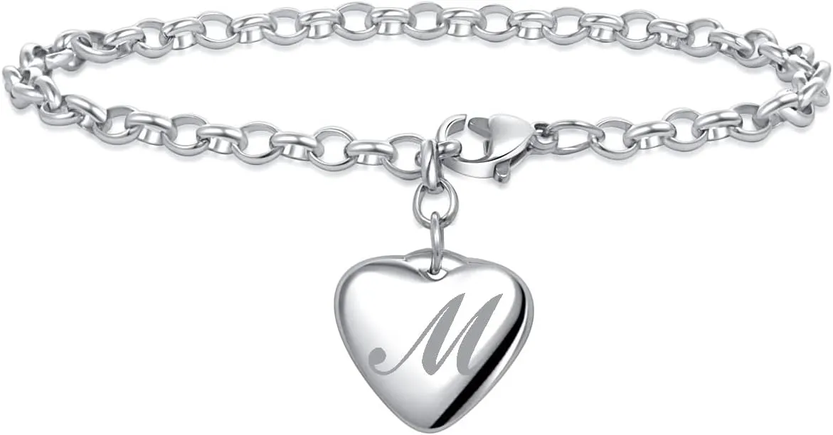 Women A to Z Initial Letter Charm Bracelets Stainless Steel Alphabet Heart 26 Letters Link Bracelet for Mens Birthday Gifts