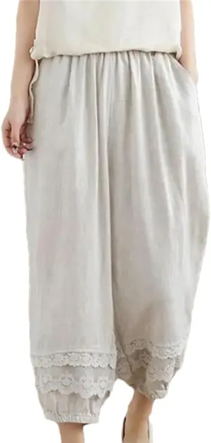 Women Casual Harem Pants Patchwork Lace Loose Pants Cotton Ankle-Length Elastic Waist Pants