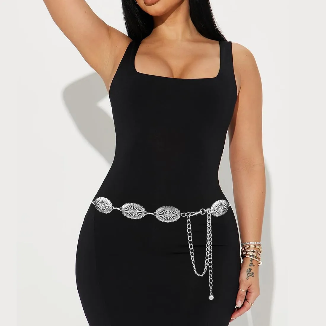 Women Concho Chain Belt Western Cowgirl Waist Chain Adjustable Metal Link