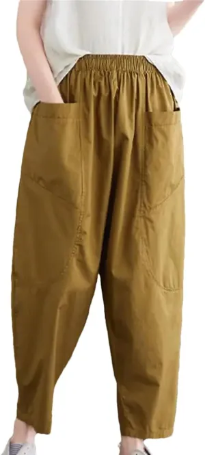 Women Cotton Ankle-Length Casual Pants Vintage Style Solid Color Pants Loose Harem Pants