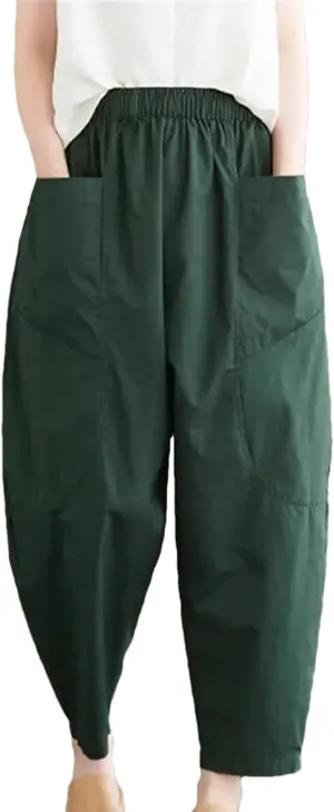 Women Cotton Ankle-Length Casual Pants Vintage Style Solid Color Pants Loose Harem Pants