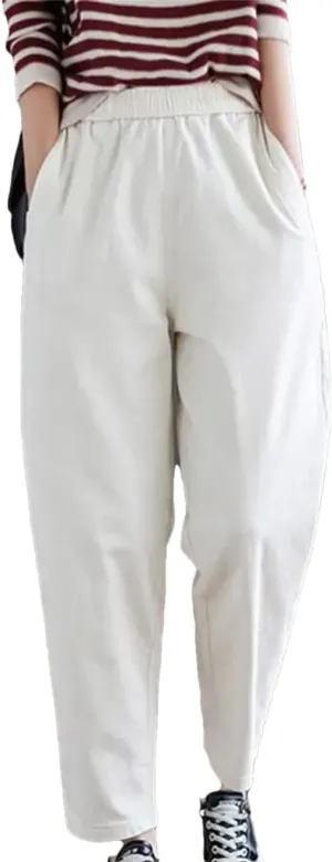 Women Cotton Casual Pants Simple Vintage Solid High Waist Pants Elastic Waist Harem Pants