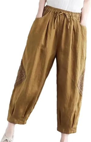 Women Cotton Linen Harem Pants Vintage Style Elastic Waist Loose Ankle-Length Casual Pants