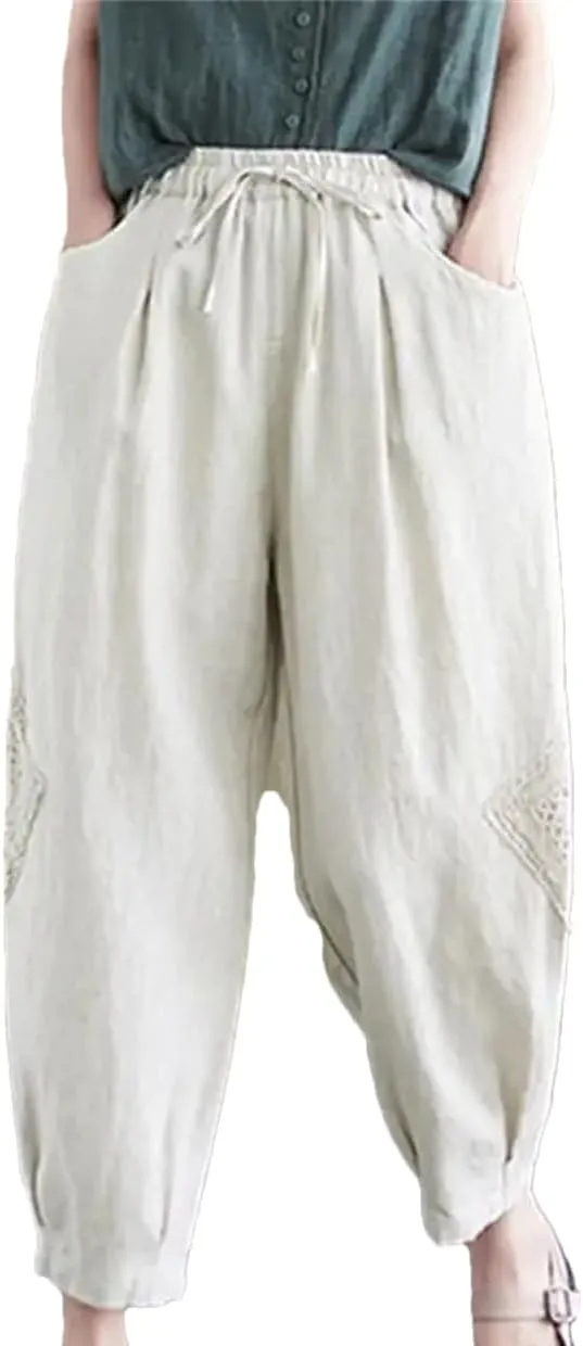 Women Cotton Linen Harem Pants Vintage Style Elastic Waist Loose Ankle-Length Casual Pants