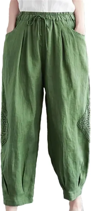 Women Cotton Linen Harem Pants Vintage Style Elastic Waist Loose Ankle-Length Casual Pants