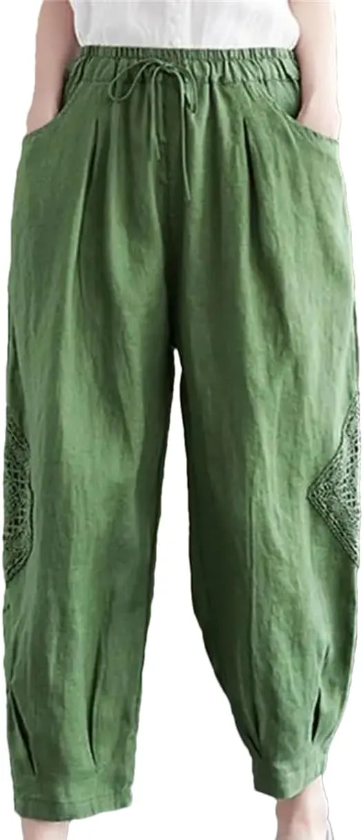 Women Cotton Linen Harem Pants Vintage Style Elastic Waist Loose Ankle-Length Casual Pants