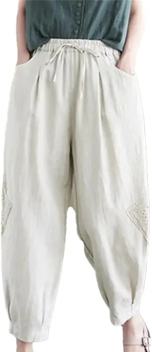 Women Cotton Linen Harem Pants Vintage Style Elastic Waist Loose Ankle-Length Casual Pants