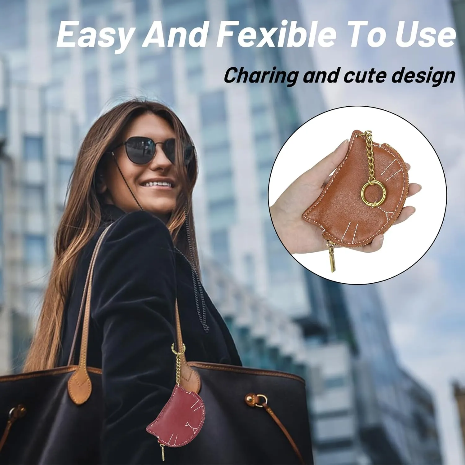 Women Cute Cat Coin Purse, Mini Animal Cartoon Change Pouch with Keychain Cute Leather Wallet Key Bag for Women Kids (Black)
