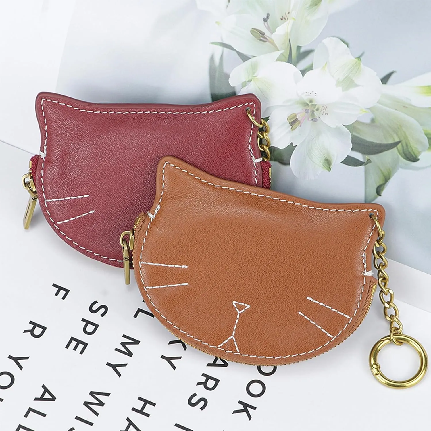 Women Cute Cat Coin Purse, Mini Animal Cartoon Change Pouch with Keychain Cute Leather Wallet Key Bag for Women Kids (Black)
