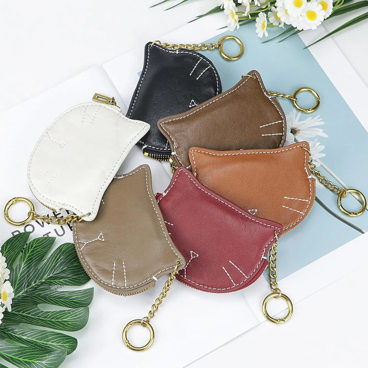 Women Cute Cat Coin Purse, Mini Animal Cartoon Change Pouch with Keychain Cute Leather Wallet Key Bag for Women Kids (Black)