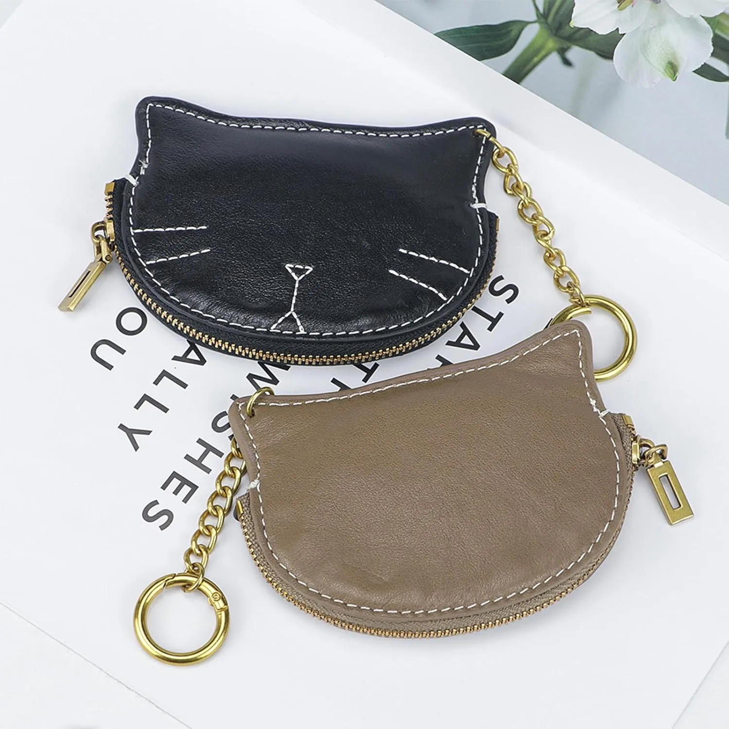 Women Cute Cat Coin Purse, Mini Animal Cartoon Change Pouch with Keychain Cute Leather Wallet Key Bag for Women Kids (Black)