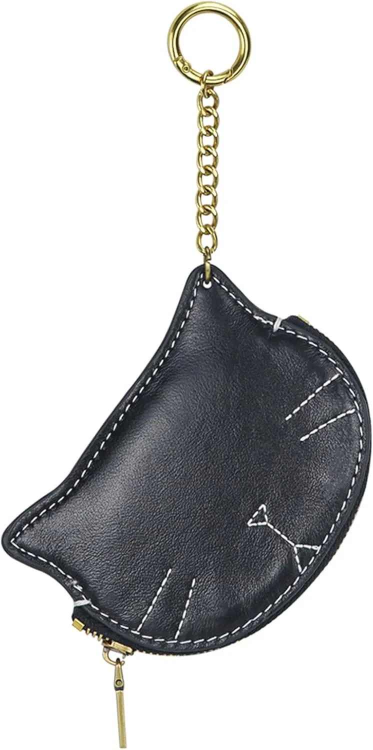 Women Cute Cat Coin Purse, Mini Animal Cartoon Change Pouch with Keychain Cute Leather Wallet Key Bag for Women Kids (Black)