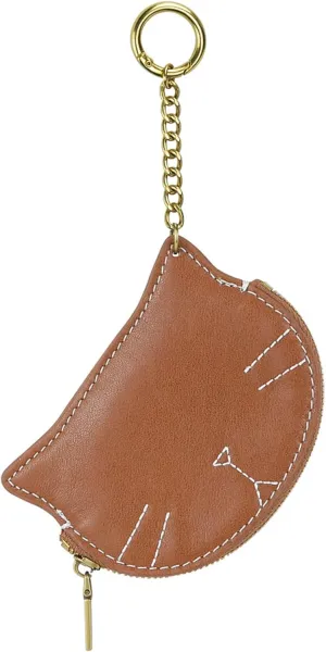 Women Cute Cat Coin Purse, Mini Animal Cartoon Change Pouch with Keychain Cute Leather Wallet Key Bag for Women Kids (Brown)