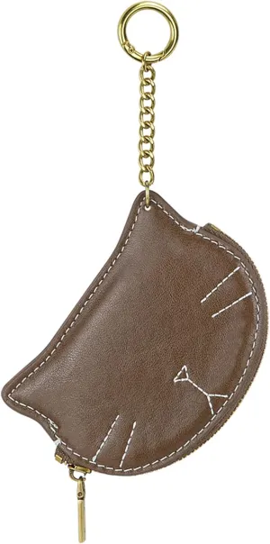 Women Cute Cat Coin Purse, Mini Animal Cartoon Change Pouch with Keychain Cute Leather Wallet Key Bag for Women Kids (Coffee)