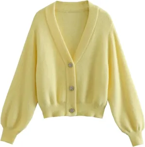 Women Fashion Jewel Button Crop Knit Cardigan Sweater V Neck Long Sleeve Pullovers Tops