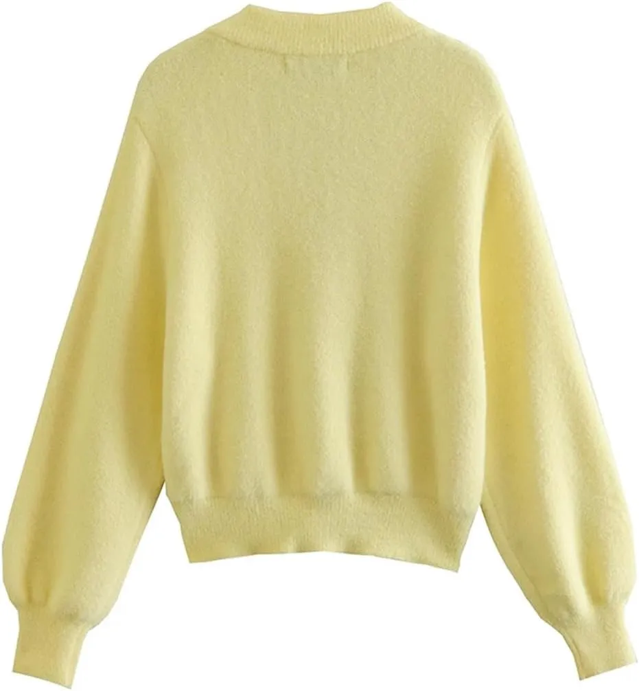 Women Fashion Jewel Button Crop Knit Cardigan Sweater V Neck Long Sleeve Pullovers Tops