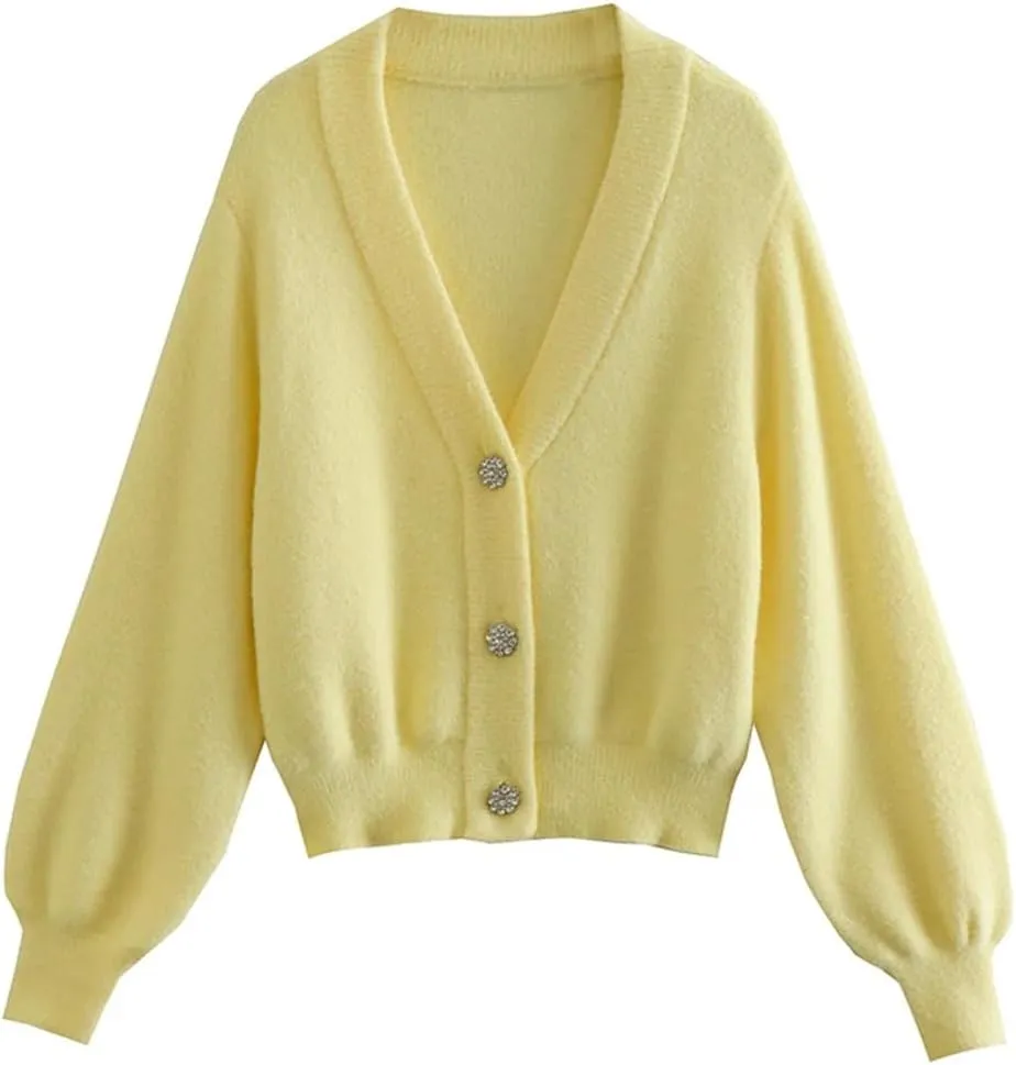 Women Fashion Jewel Button Crop Knit Cardigan Sweater V Neck Long Sleeve Pullovers Tops