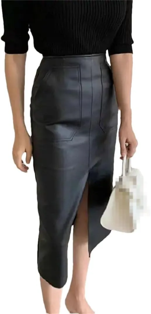 Women Front Pockets Faux Leather Length Pencil Skirts Split Elegant PU Long Skirts