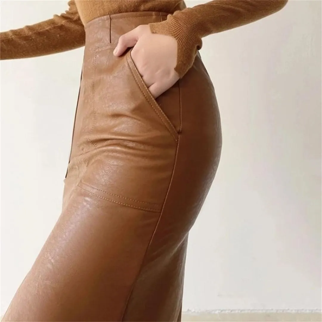 Women Front Pockets Faux Leather Length Pencil Skirts Split Elegant PU Long Skirts