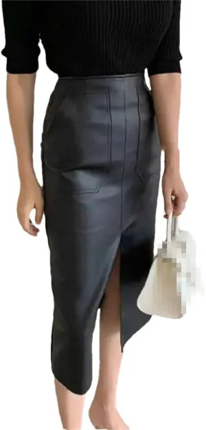 Women Front Pockets Faux Leather Length Pencil Skirts Split Elegant PU Long Skirts
