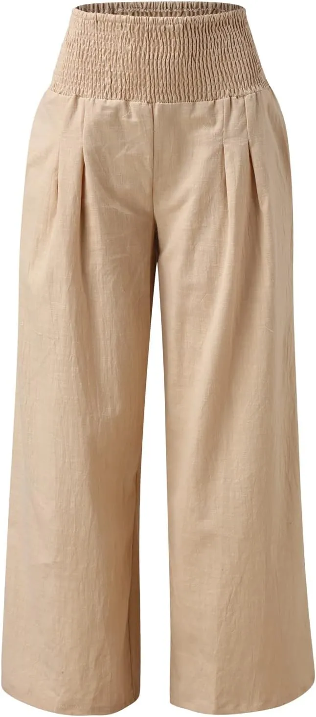 Women Linen Pants 2025 Summer Casual Loose Wide Leg Palazzo Pants Smocked High Waist Flowy Beach Trousers