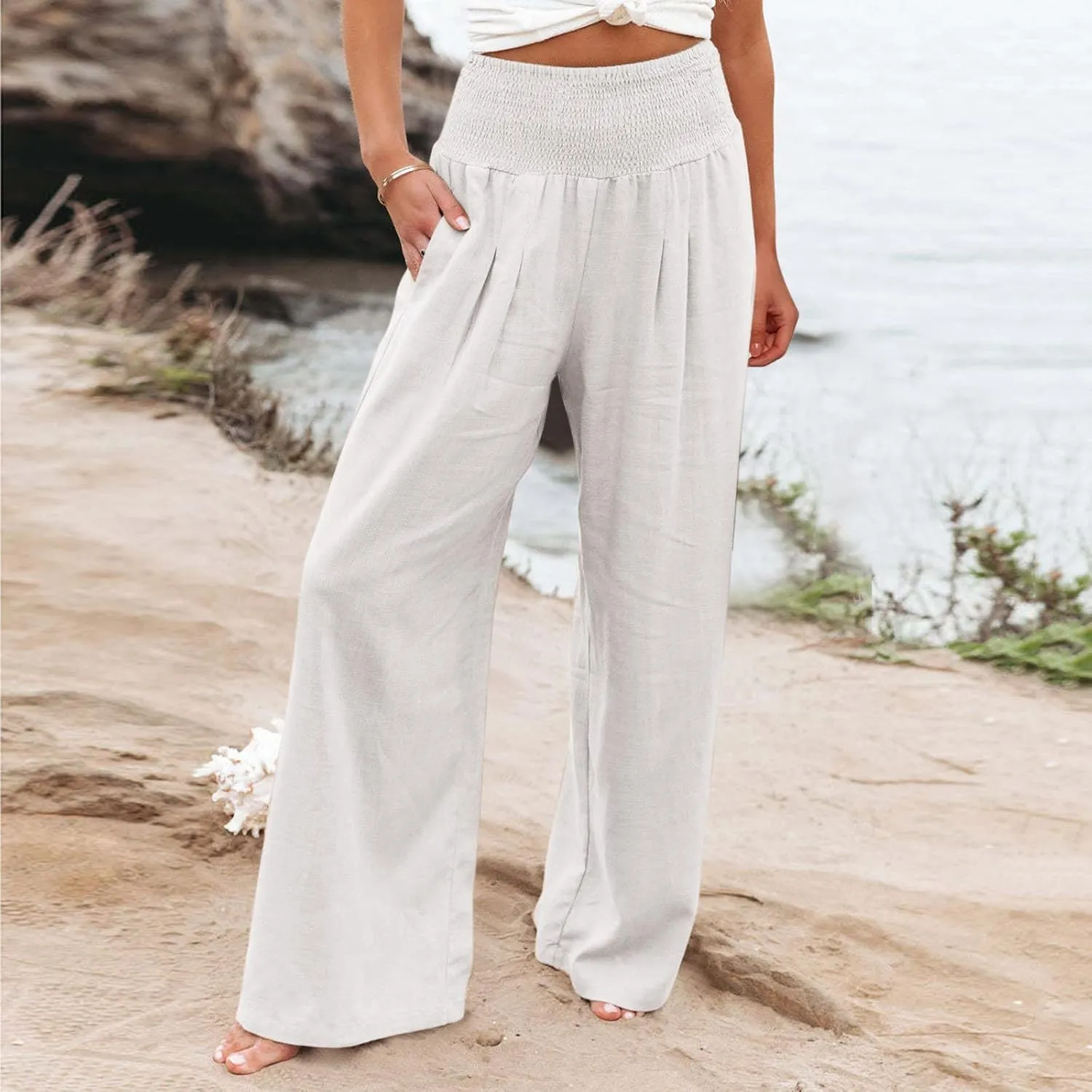Women Linen Pants 2025 Summer Casual Loose Wide Leg Palazzo Pants Smocked High Waist Flowy Beach Trousers