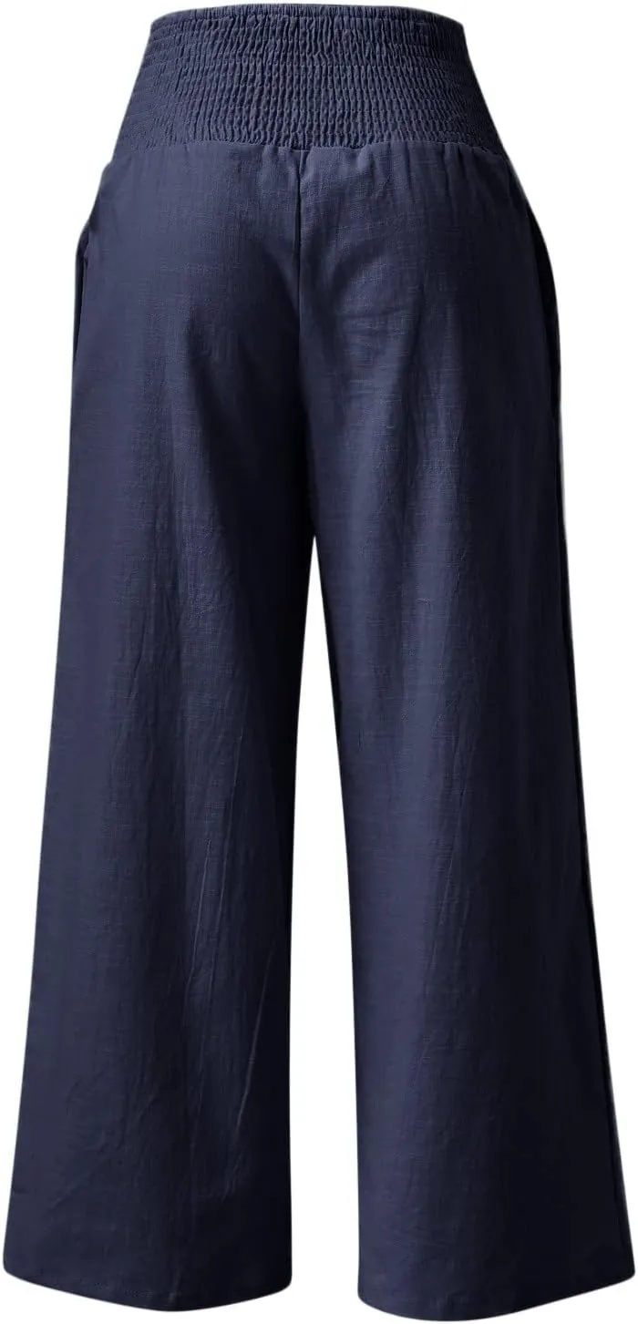 Women Linen Pants 2025 Summer Casual Loose Wide Leg Palazzo Pants Smocked High Waist Flowy Beach Trousers