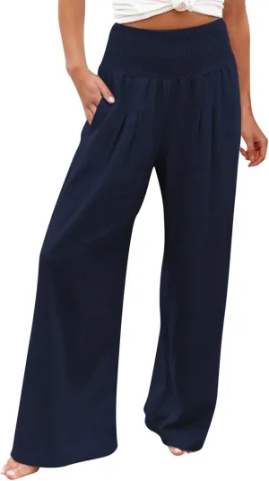 Women Linen Pants 2025 Summer Casual Loose Wide Leg Palazzo Pants Smocked High Waist Flowy Beach Trousers