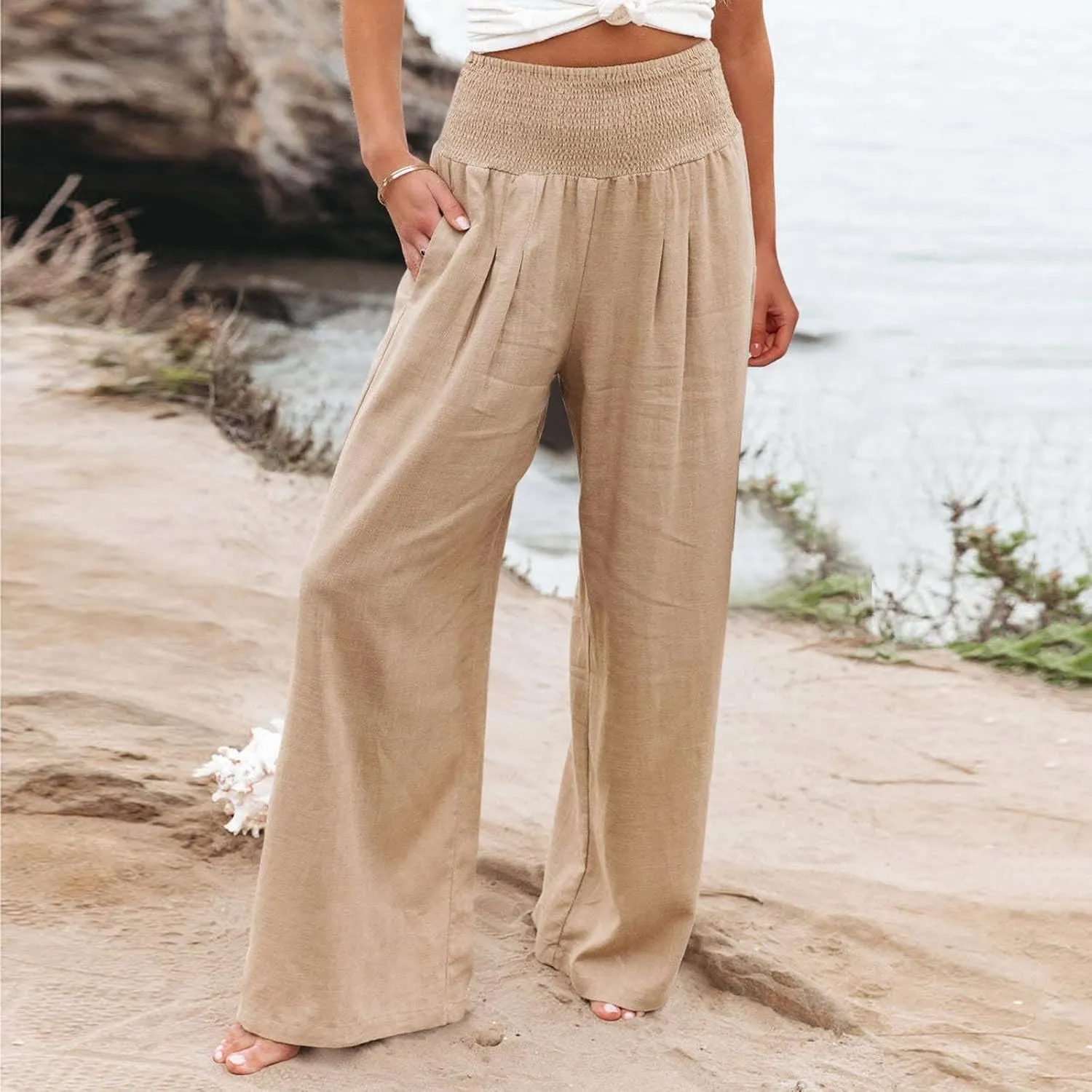 Women Linen Pants 2025 Summer Casual Loose Wide Leg Palazzo Pants Smocked High Waist Flowy Beach Trousers
