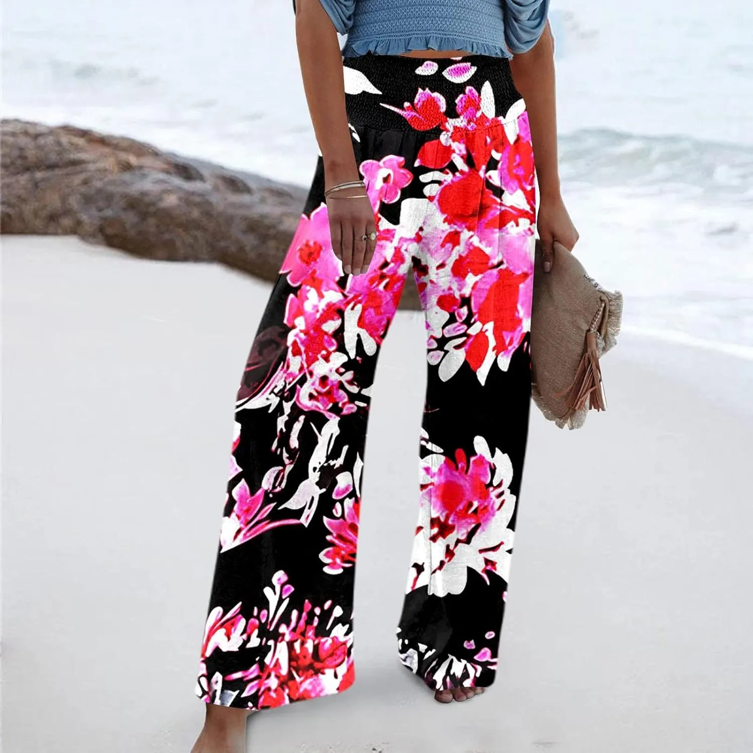 Women Linen Pants 2025 Summer Casual Loose Wide Leg Palazzo Pants Smocked High Waist Flowy Beach Trousers