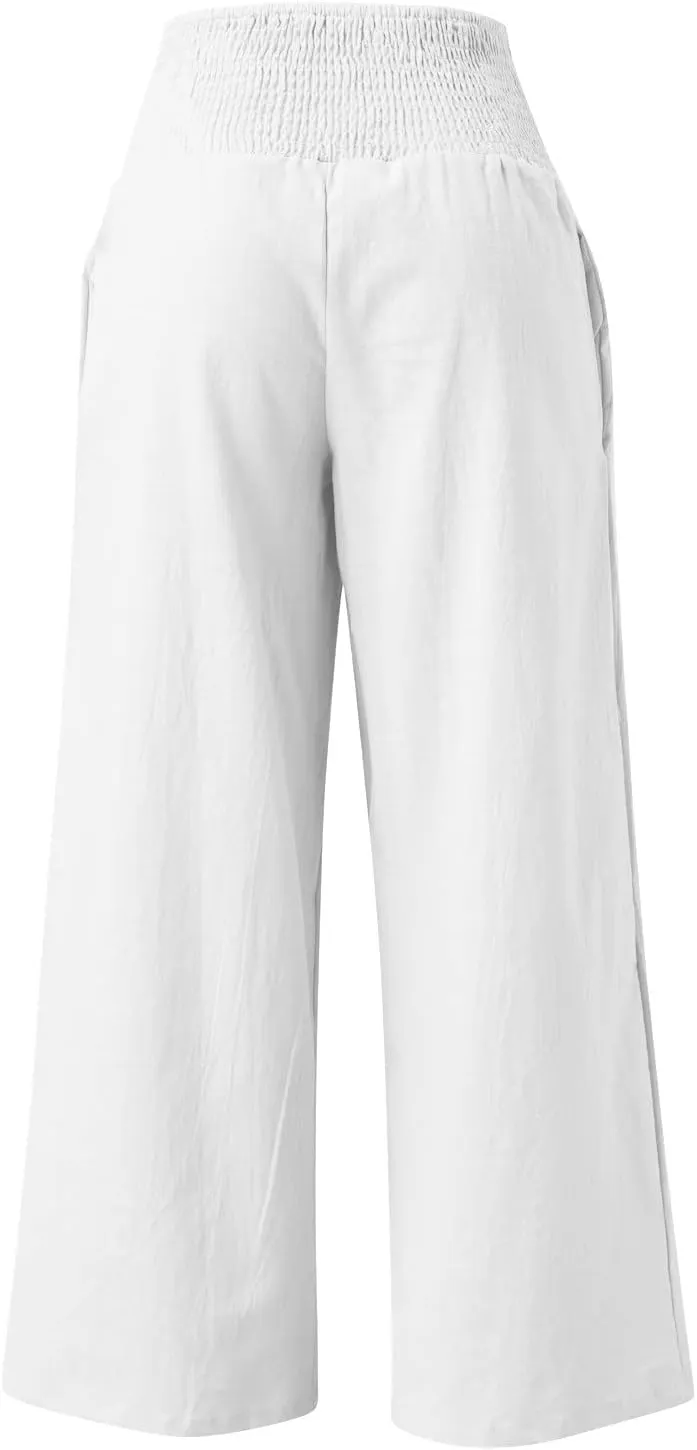 Women Linen Pants 2025 Summer Casual Loose Wide Leg Palazzo Pants Smocked High Waist Flowy Beach Trousers