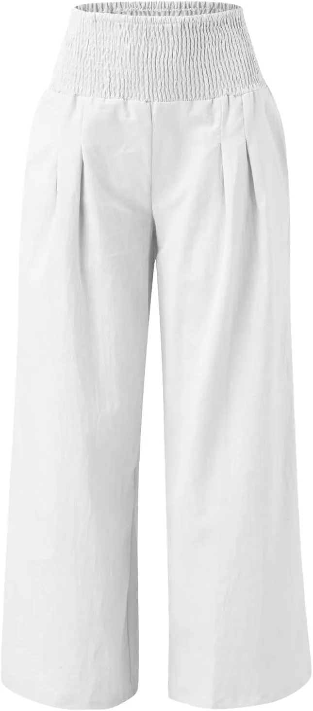 Women Linen Pants 2025 Summer Casual Loose Wide Leg Palazzo Pants Smocked High Waist Flowy Beach Trousers