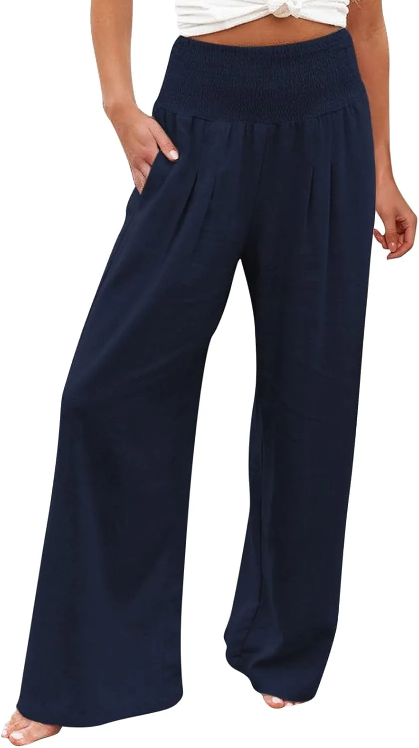 Women Linen Pants 2025 Summer Casual Loose Wide Leg Palazzo Pants Smocked High Waist Flowy Beach Trousers
