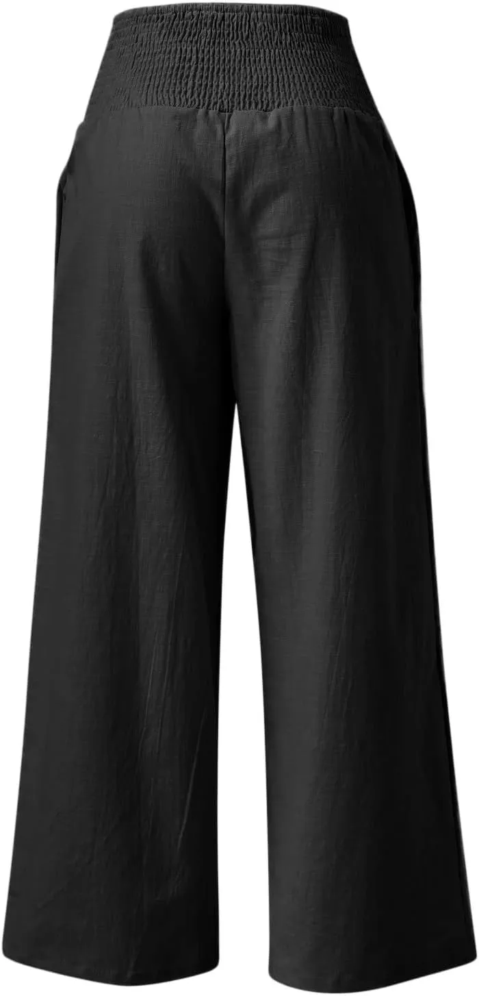 Women Linen Pants 2025 Summer Casual Loose Wide Leg Palazzo Pants Smocked High Waist Flowy Beach Trousers