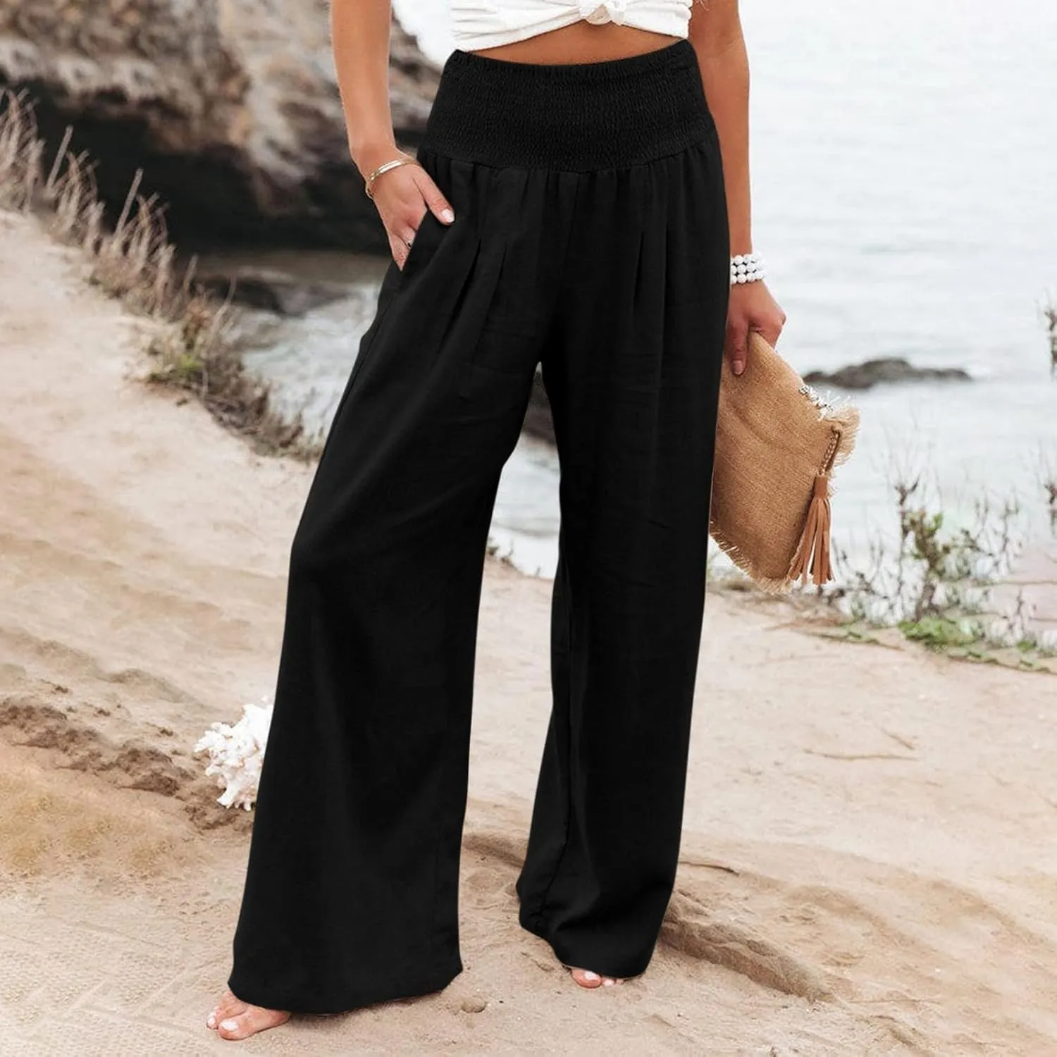 Women Linen Pants 2025 Summer Casual Loose Wide Leg Palazzo Pants Smocked High Waist Flowy Beach Trousers