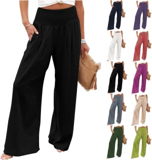 Women Linen Pants 2025 Summer Casual Loose Wide Leg Palazzo Pants Smocked High Waist Flowy Beach Trousers