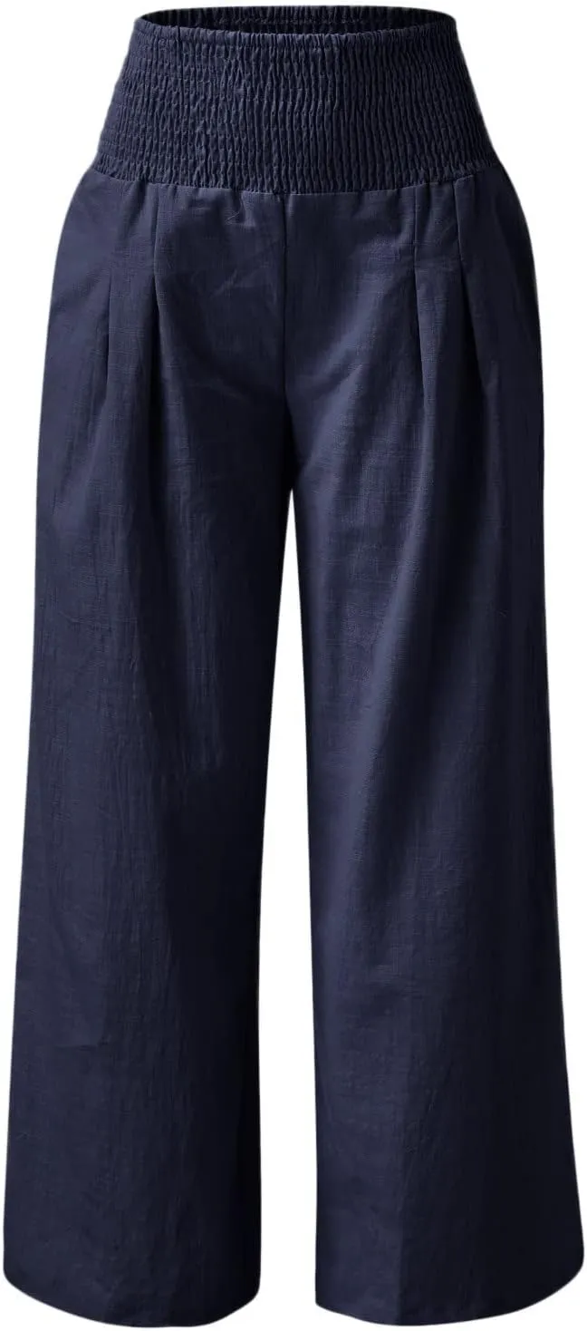 Women Linen Pants 2025 Summer Casual Loose Wide Leg Palazzo Pants Smocked High Waist Flowy Beach Trousers