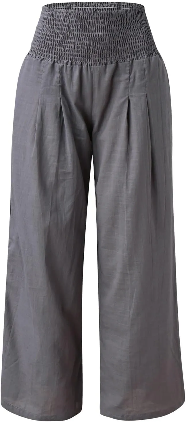Women Linen Pants 2025 Summer Casual Loose Wide Leg Palazzo Pants Smocked High Waist Flowy Beach Trousers