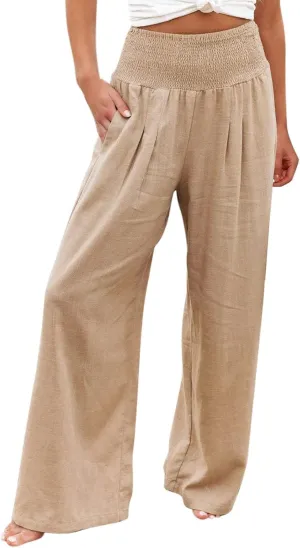 Women Linen Pants 2025 Summer Casual Loose Wide Leg Palazzo Pants Smocked High Waist Flowy Beach Trousers