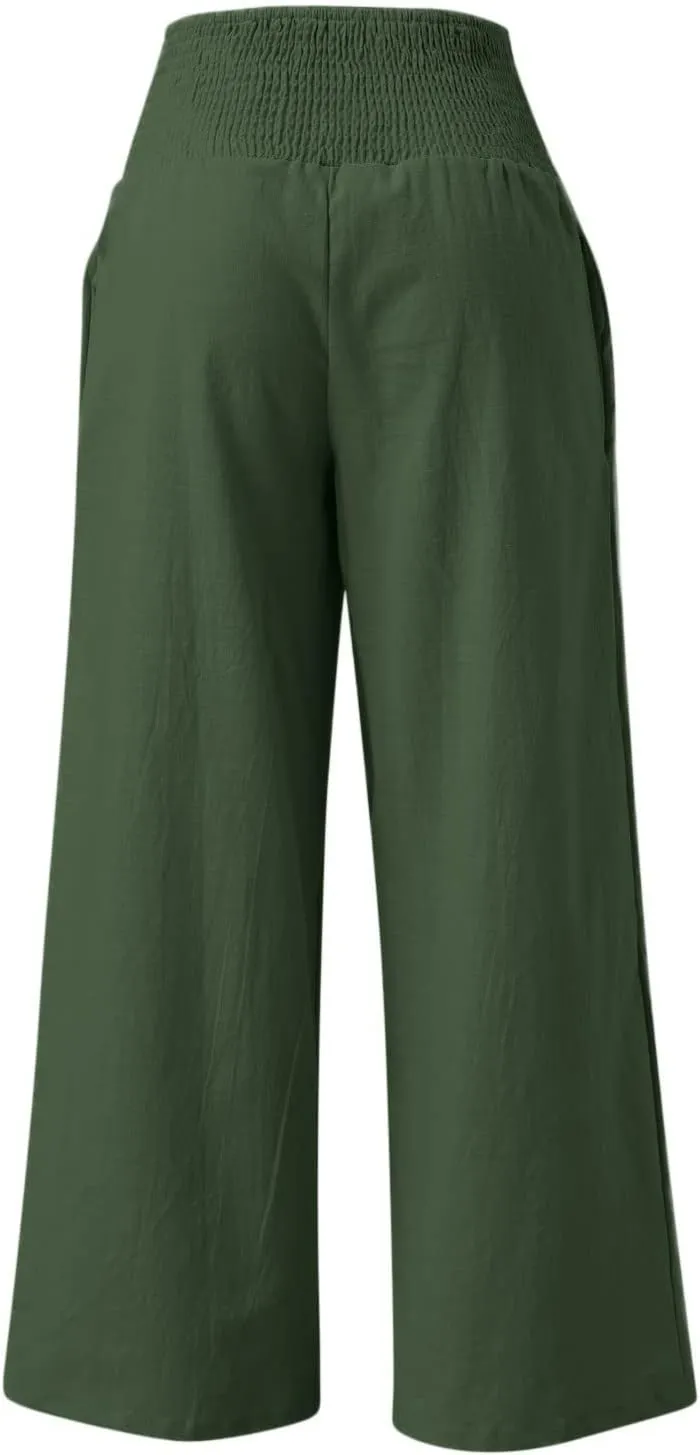 Women Linen Pants 2025 Summer Casual Loose Wide Leg Palazzo Pants Smocked High Waist Flowy Beach Trousers