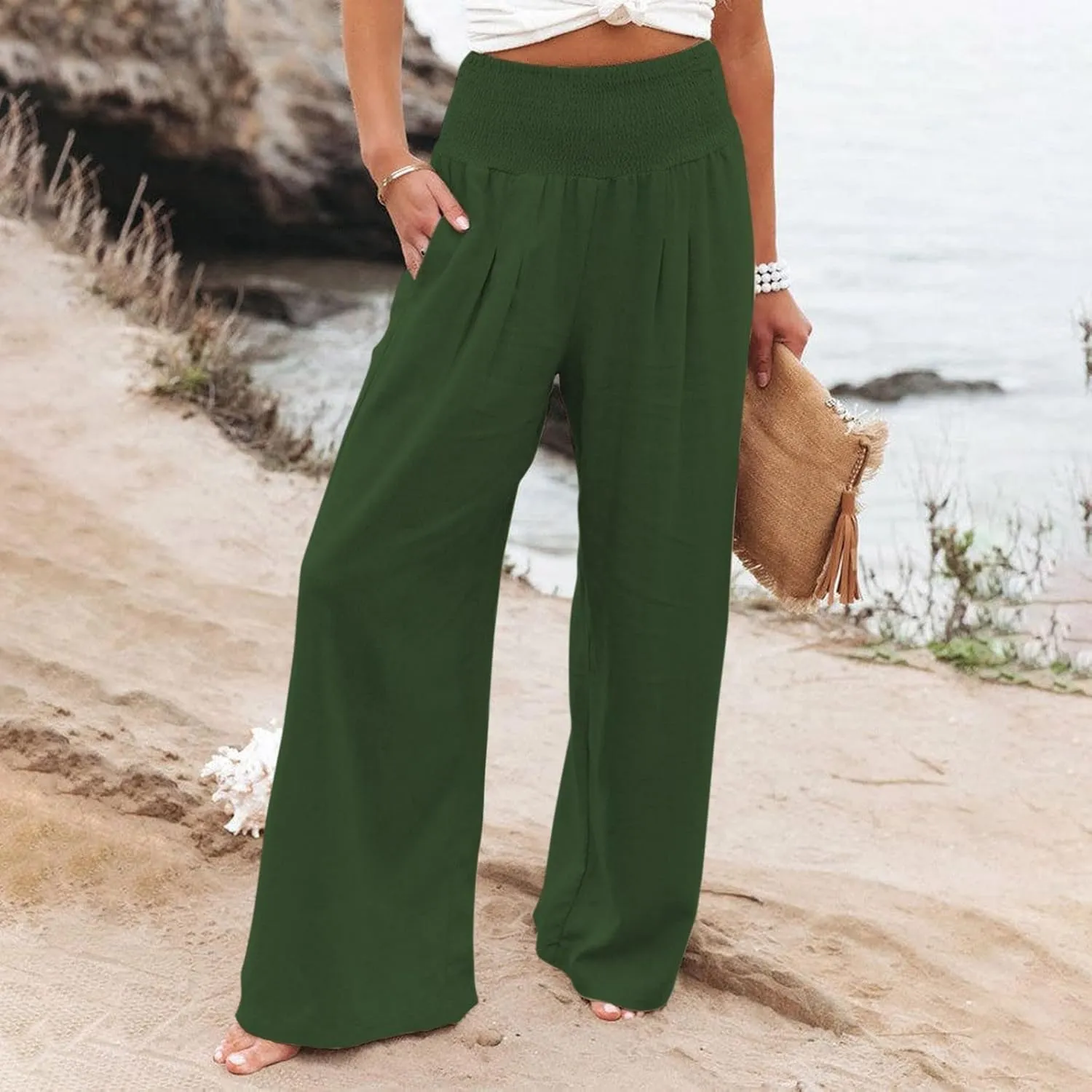 Women Linen Pants 2025 Summer Casual Loose Wide Leg Palazzo Pants Smocked High Waist Flowy Beach Trousers