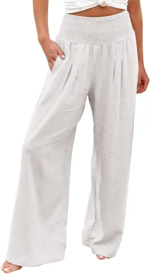 Women Linen Pants 2025 Summer Casual Loose Wide Leg Palazzo Pants Smocked High Waist Flowy Beach Trousers