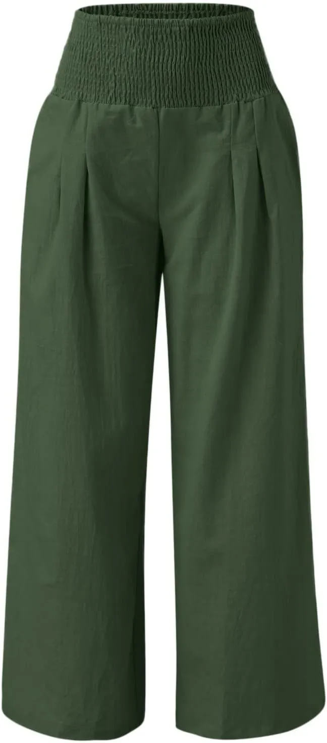 Women Linen Pants 2025 Summer Casual Loose Wide Leg Palazzo Pants Smocked High Waist Flowy Beach Trousers