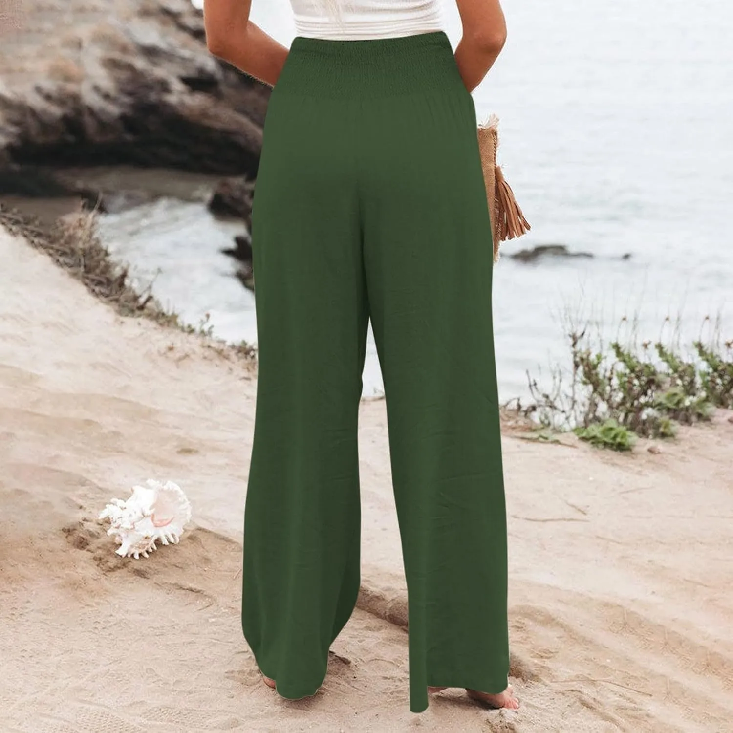 Women Linen Pants 2025 Summer Casual Loose Wide Leg Palazzo Pants Smocked High Waist Flowy Beach Trousers