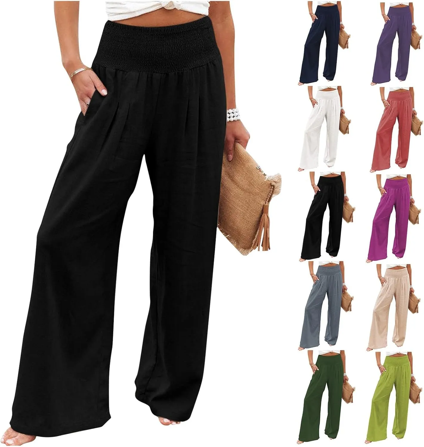 Women Linen Pants 2025 Summer Casual Loose Wide Leg Palazzo Pants Smocked High Waist Flowy Beach Trousers
