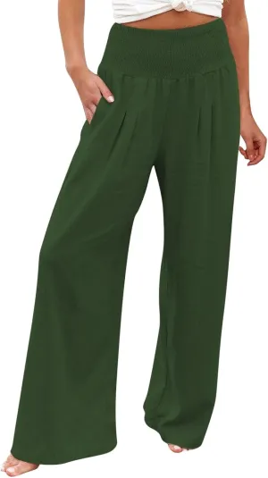 Women Linen Pants 2025 Summer Casual Loose Wide Leg Palazzo Pants Smocked High Waist Flowy Beach Trousers