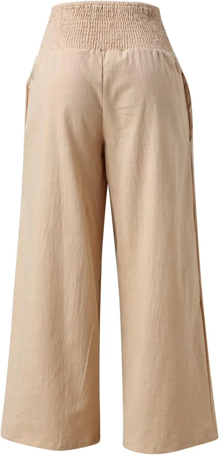 Women Linen Pants 2025 Summer Casual Loose Wide Leg Palazzo Pants Smocked High Waist Flowy Beach Trousers