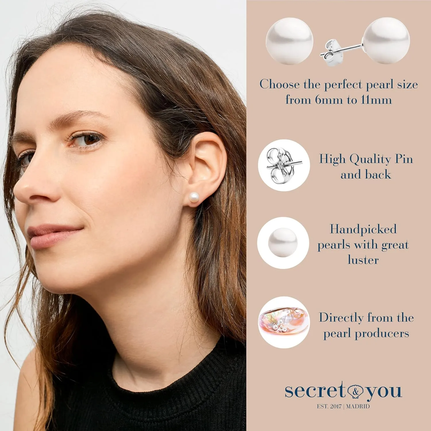 Women Pearl Earrings Freshwater Cultured Pearls Secret & You | Button High, Near Round Pearls | 925 Sterling Silver mounts | Available in five sizes from 6-6.5 mm to 10-10.5 mm