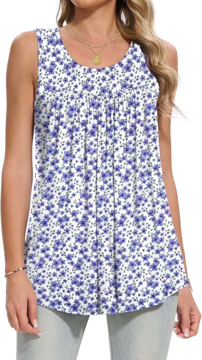 Women Tank Tops 2025 Summer Sleeveless Top Pleated Round Neck Flowy Shirts M-3X